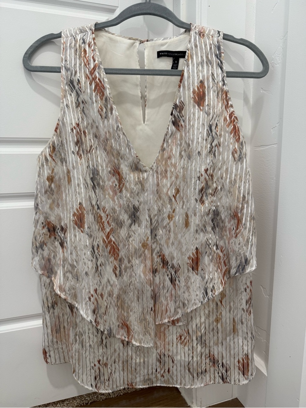 WHBM Cream Striped Floral Pleated V-Neck Layered Tank sheer overlay flowy sz M
